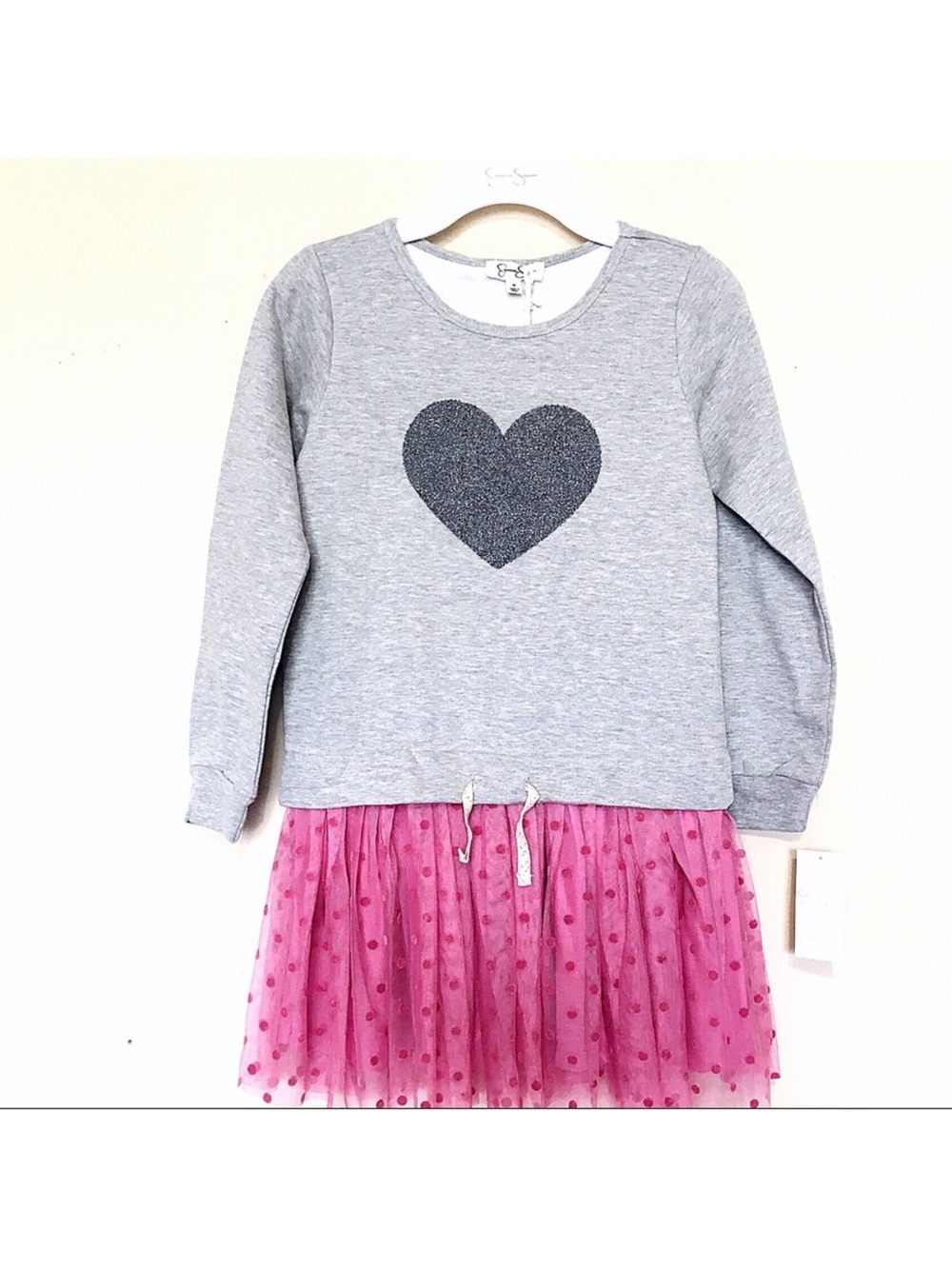 Jessica Simpson Scout Girls Sequin Heart Long sleeve Dress in Gray and Pink